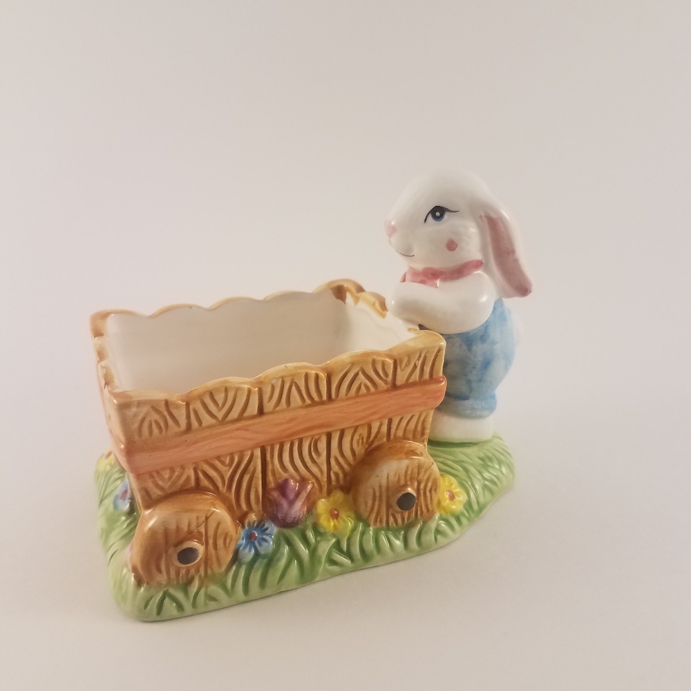 Ceramic Rabbit Bunny Pushing Wagon Easter Planter